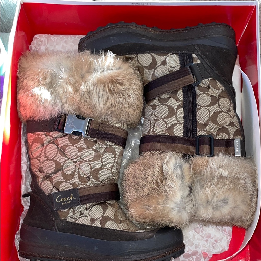Coach Signature Brown and Tan Fur Boots